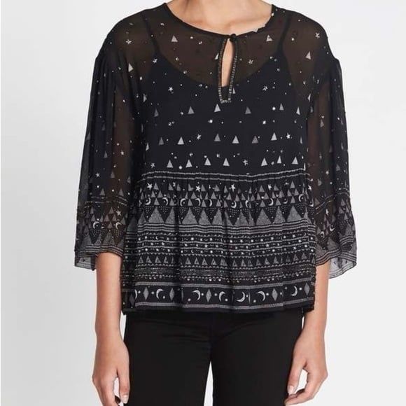 Joie 100% Silk Verena Blouse In Caviar Beaded Sheer Top